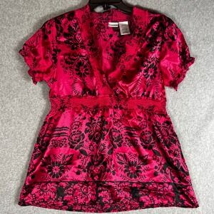 VTG 90s y2k No Boundaries Satin Babydoll Top Junior L Pink Damask Floral Empire